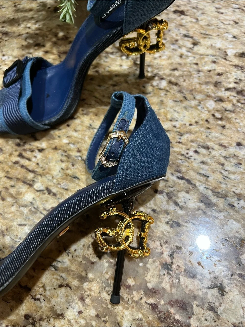 Dolce& Gabbana Patchwork Denim Sandals w/ Baroque DG Heels 40